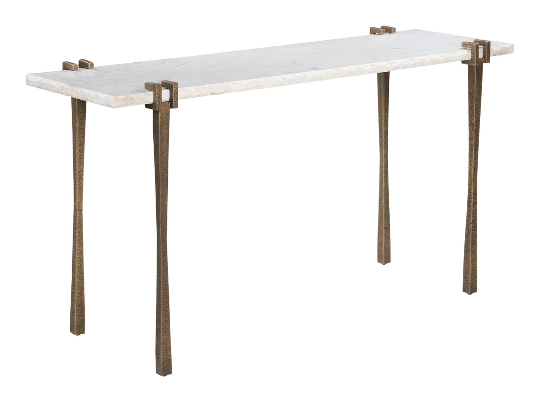 warm-toned brushed metal console table styled in a contemporary minimalist entryway