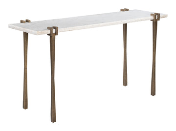 warm-toned brushed metal console table styled in a contemporary minimalist entryway