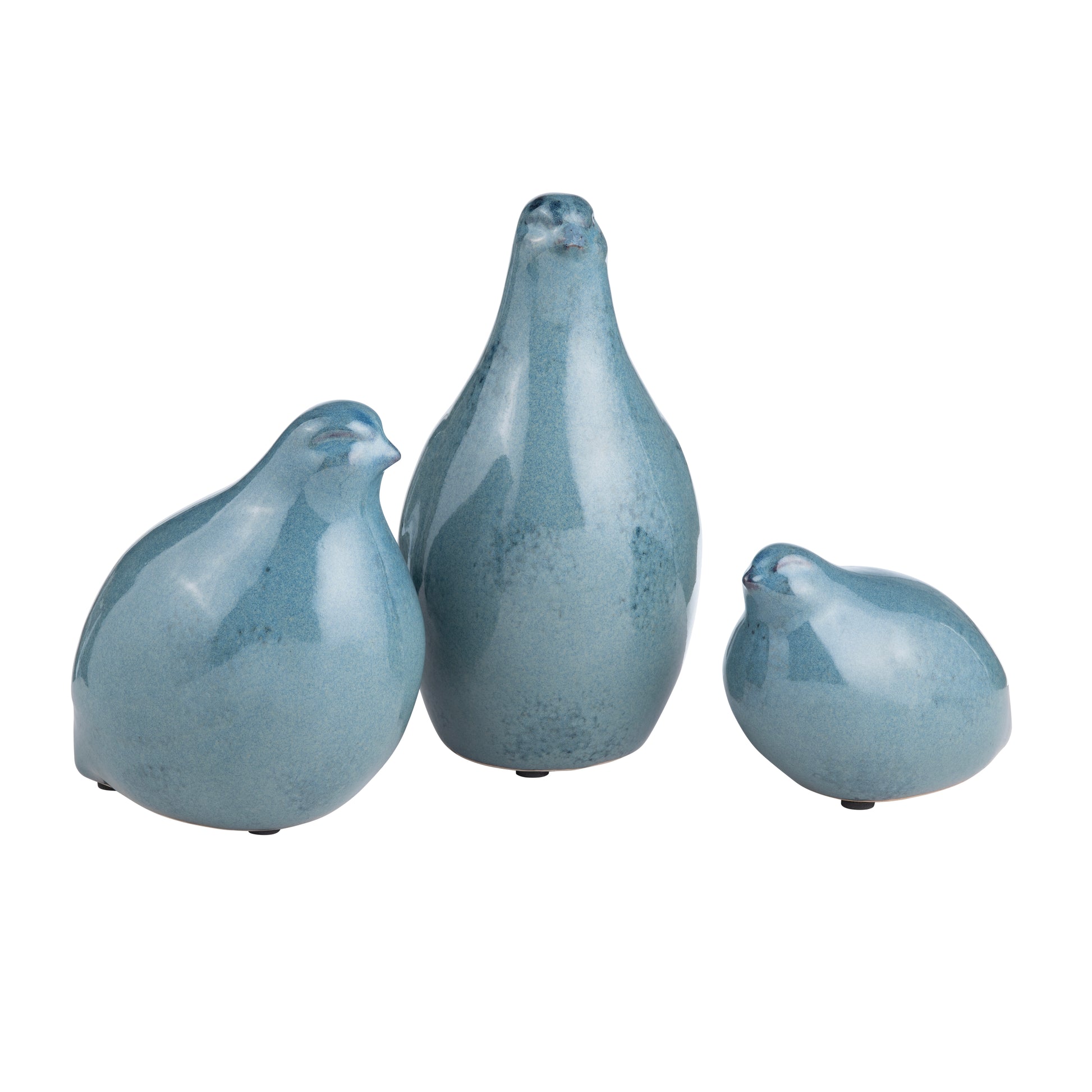 3 Piece Blue Ceramic Partridge Statues contemporary wall art displayed in a contemporary loft setting