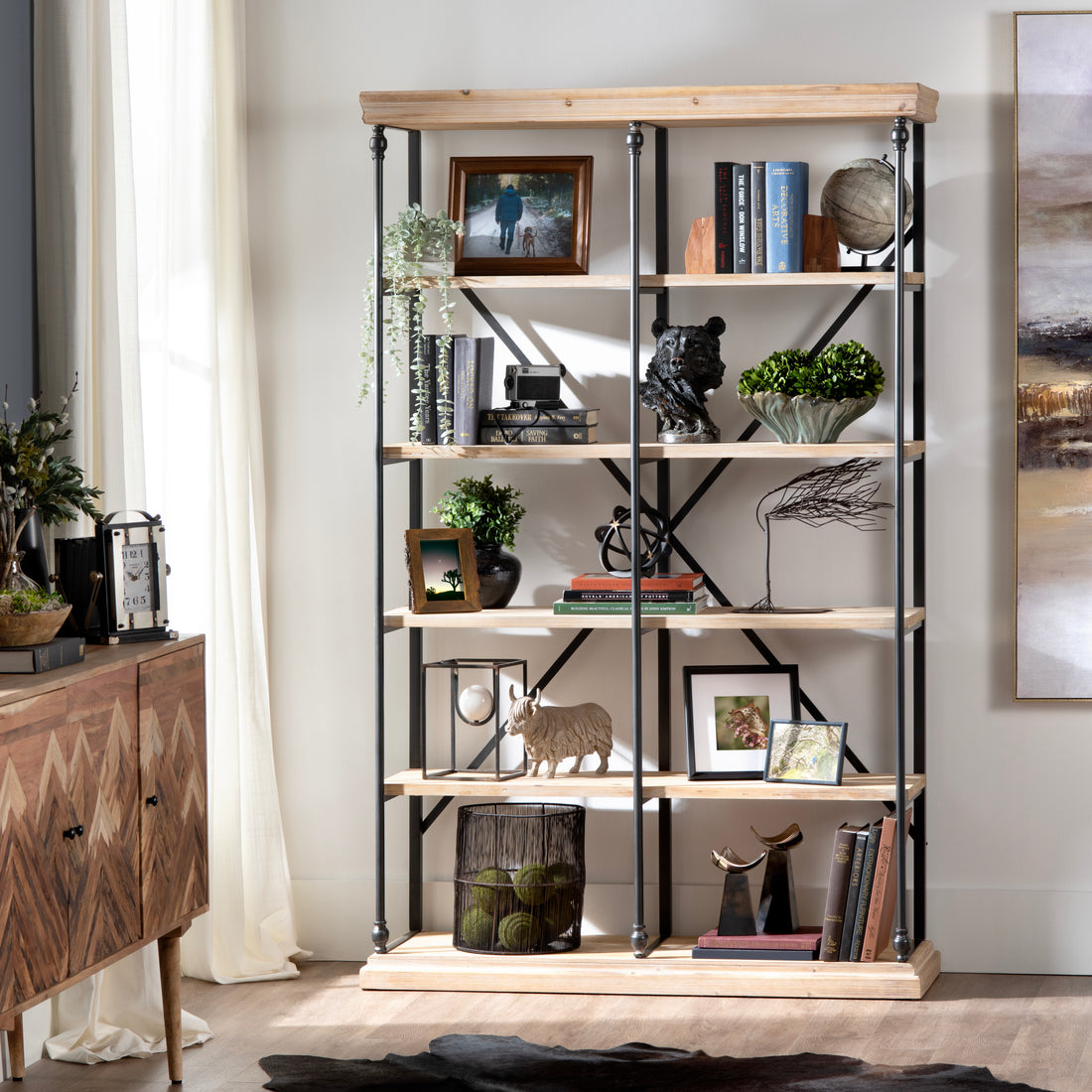 beige plush wall shelf in a farmhouse contemporary bedroom setting