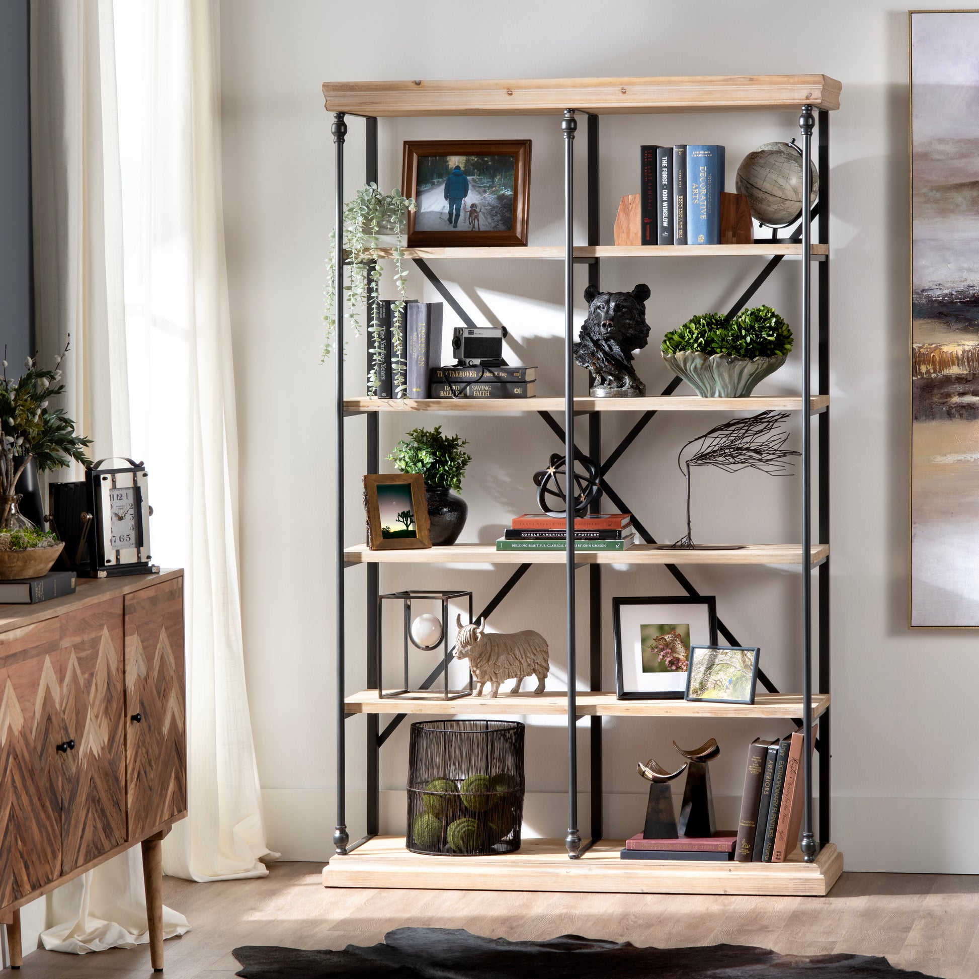 beige plush wall shelf in a farmhouse contemporary bedroom setting