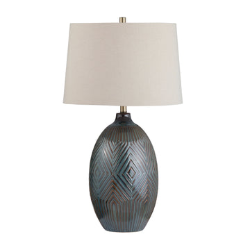 neutral-toned linen table lamp in a minimalist dining room setting