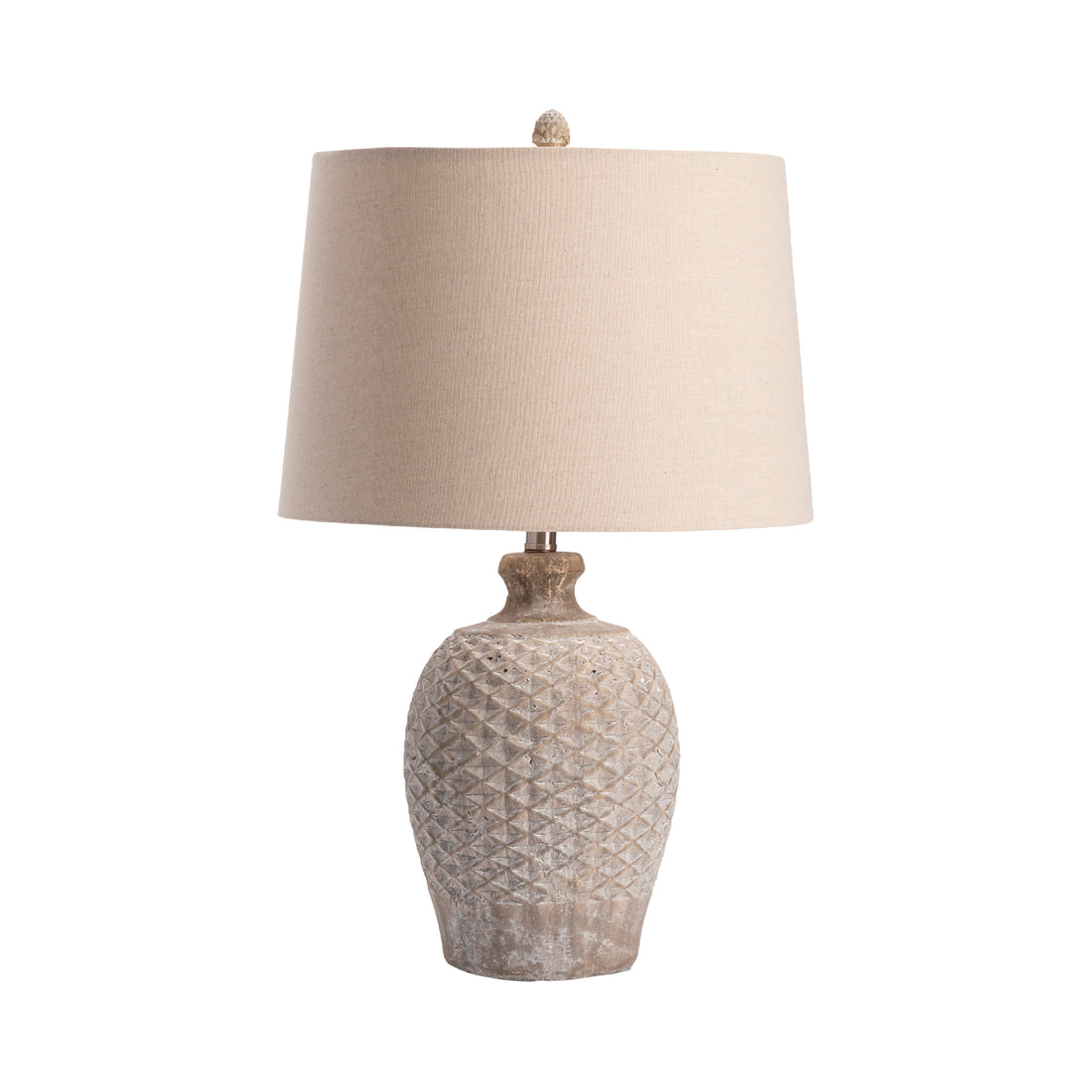 gray canvas table lamp in a farmhouse contemporary bedroom setting