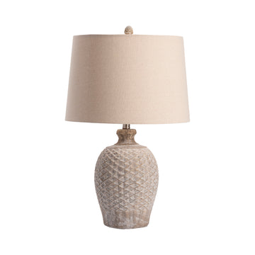 gray canvas table lamp in a farmhouse contemporary bedroom setting