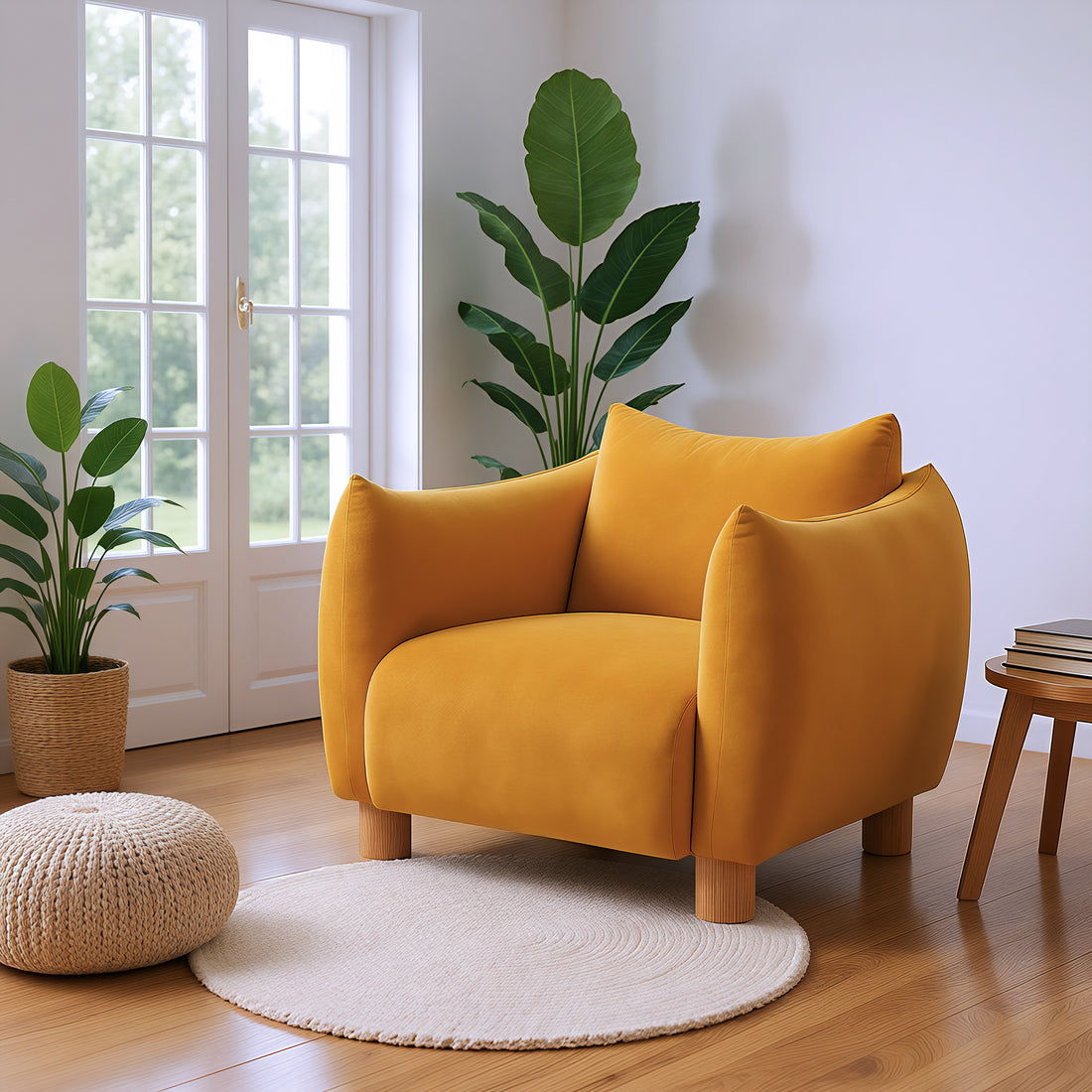gray canvas accent chair in a elegant modern bedroom setting