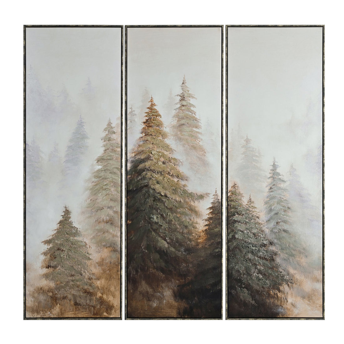 3 Piece Framed Hand Painted Canvas Brown Trees Wall Art styled for a rustic living room space.