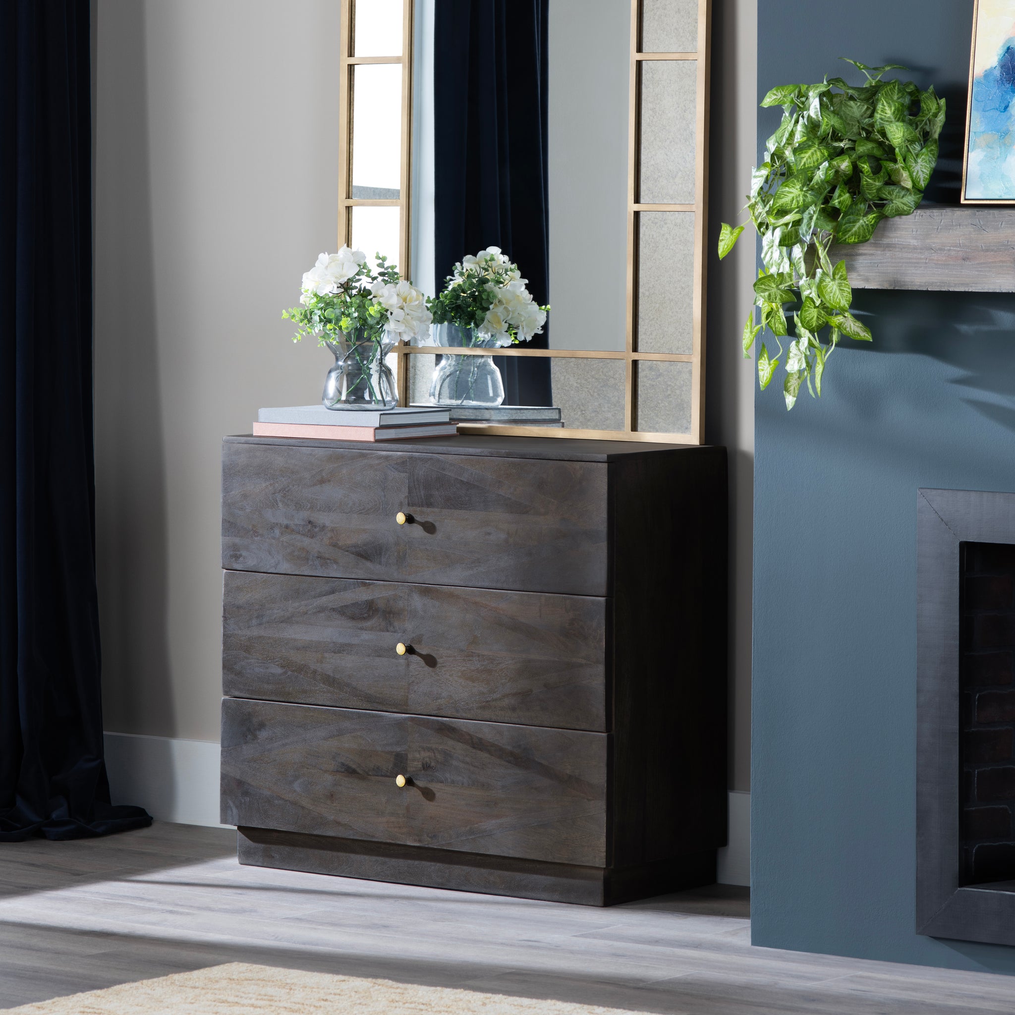 3 Drawer Accent Chest styled for a rustic living room space.