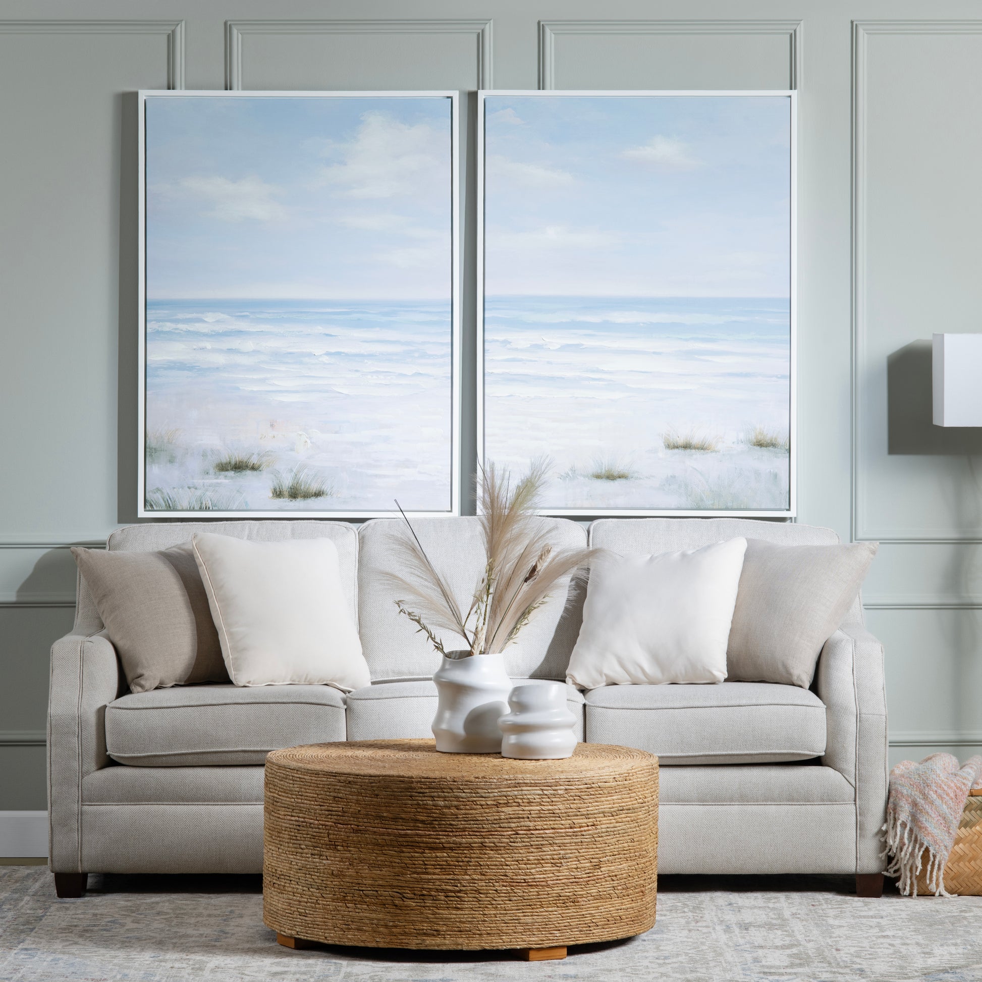 earth-toned fabric accent table in a refined master bedroom setting