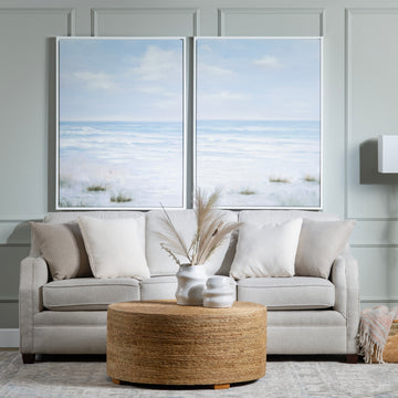 earth-toned fabric accent table in a refined master bedroom setting