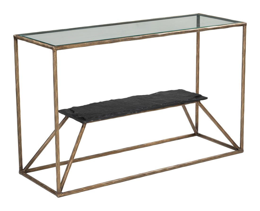 rustic brown marble console table styled in a transitional serene master suite