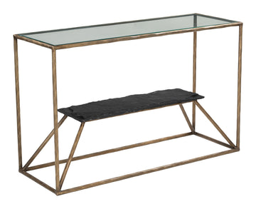 rustic brown marble console table styled in a transitional serene master suite