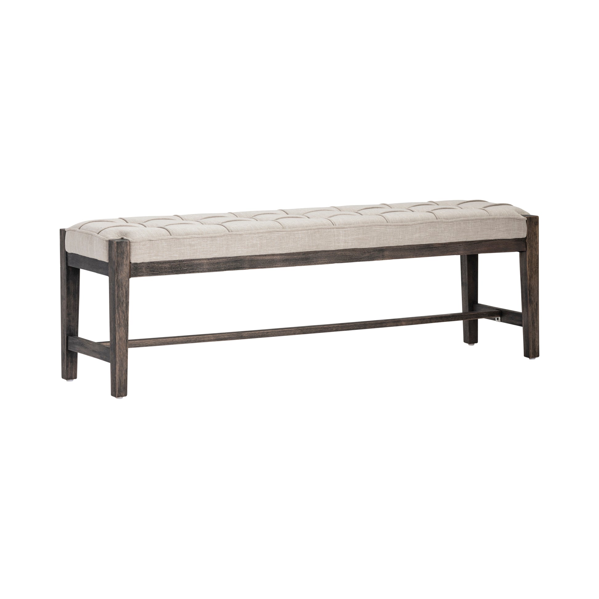 gray canvas accent bench in a farmhouse contemporary bedroom setting