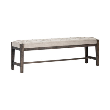 gray canvas accent bench in a farmhouse contemporary bedroom setting
