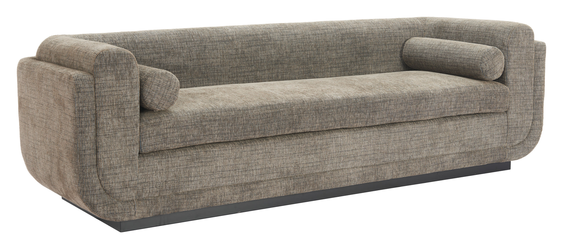 charcoal brushed metal sofa styled in a contemporary minimalist entryway