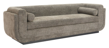 charcoal brushed metal sofa styled in a contemporary minimalist entryway