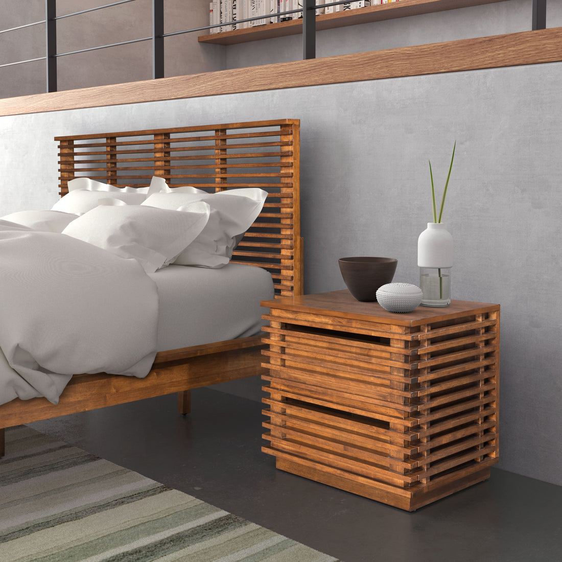 charcoal textured accent table in a farmhouse contemporary bedroom setting