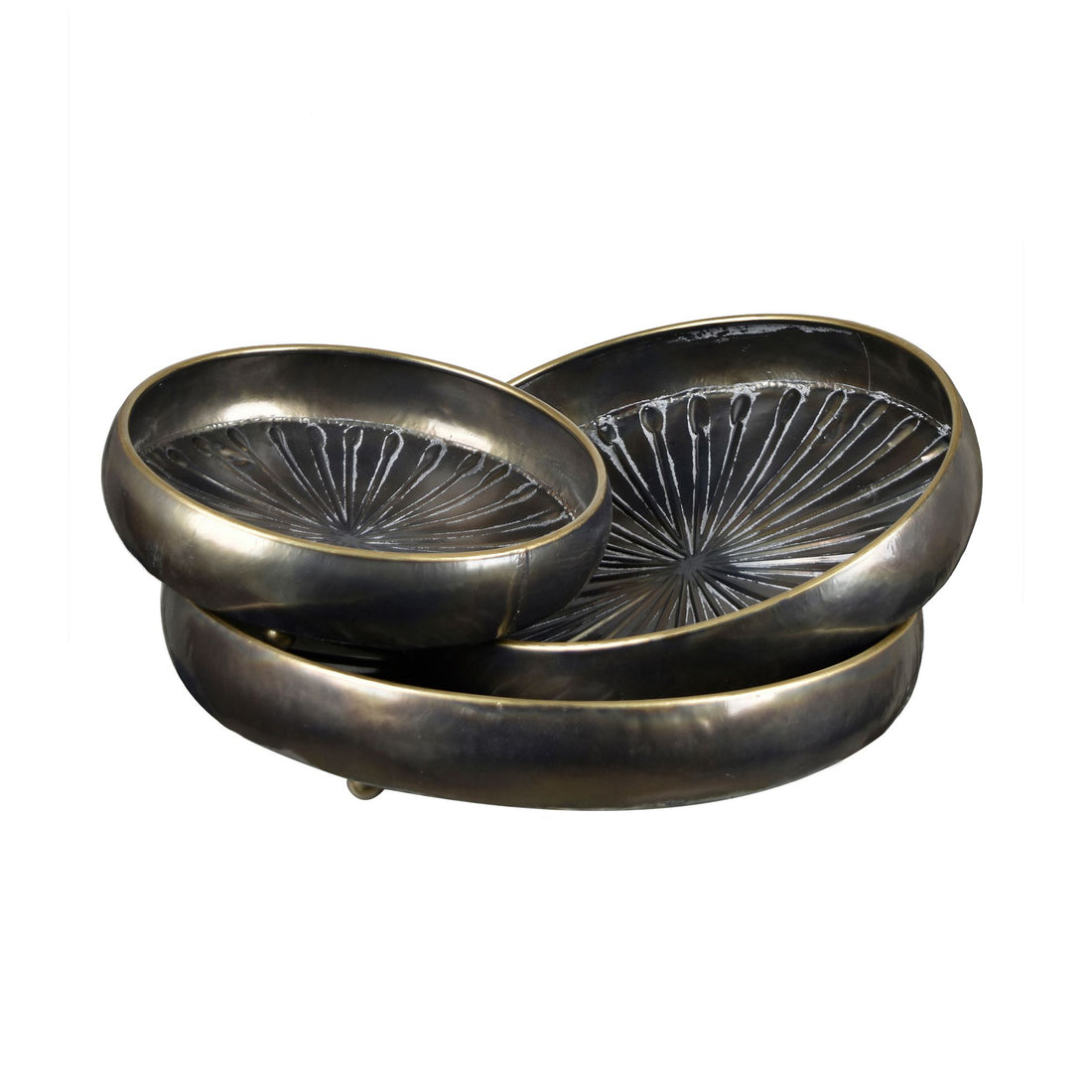 3 Piece Round Antique Brass Metal Tray D̩cor contemporary wall art displayed in a contemporary bedroom setting