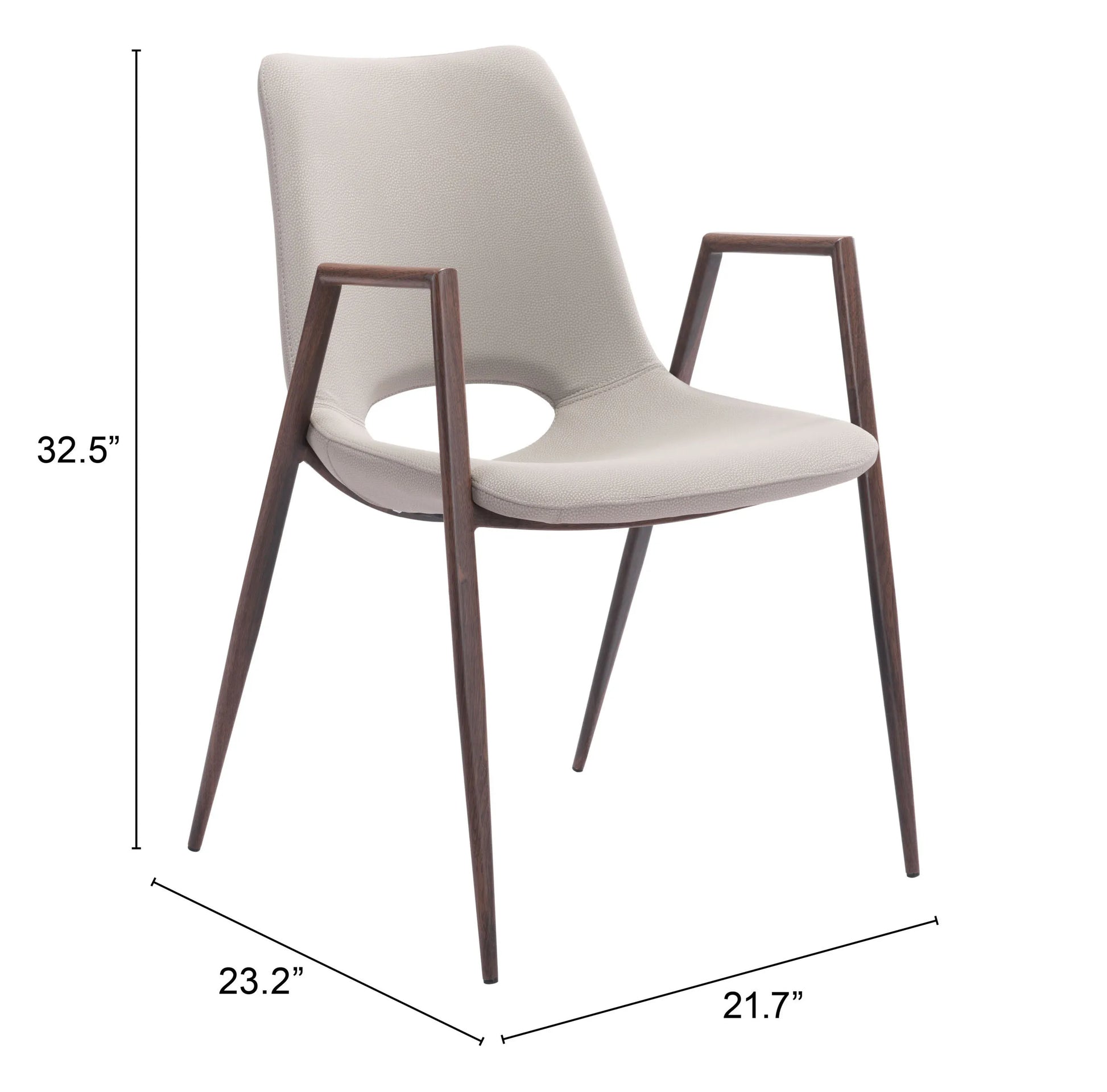 Gray chair with dimensions labeled on a white background