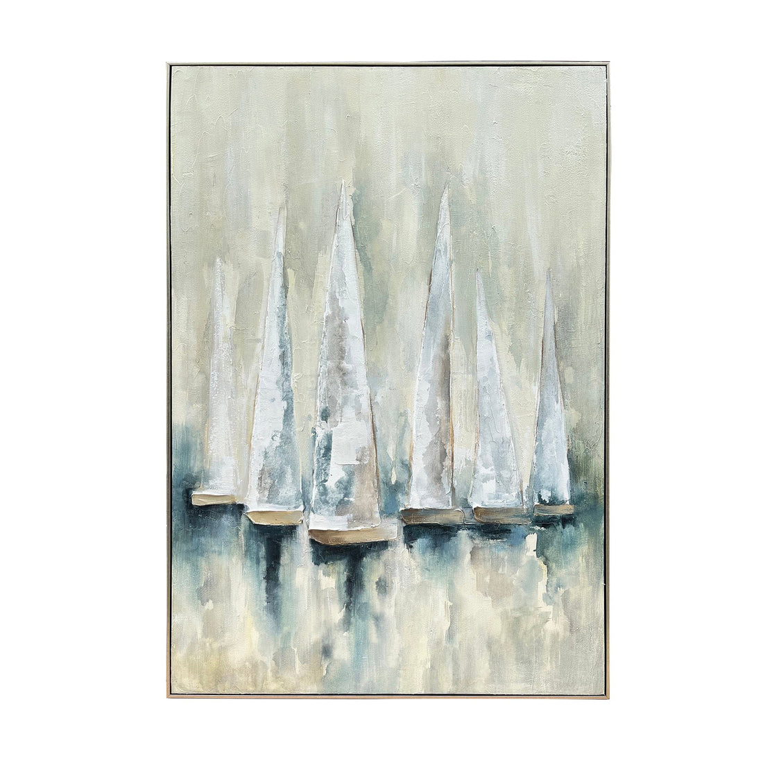 Framed Hand Painted Canvas Green/Blue Sailboats Wall Art styled for a transitional living room space.