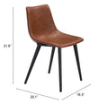 Brown chair with black legs and dimensions on a white background