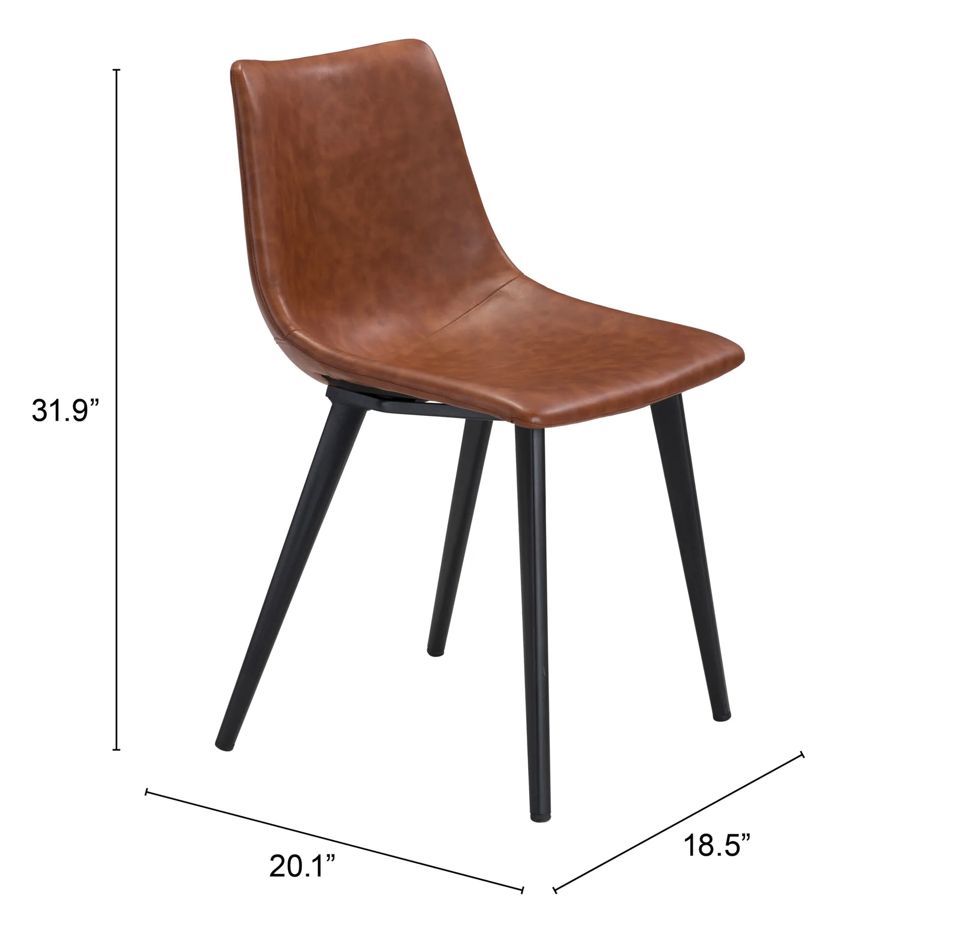 Brown chair with black legs and dimensions on a white background