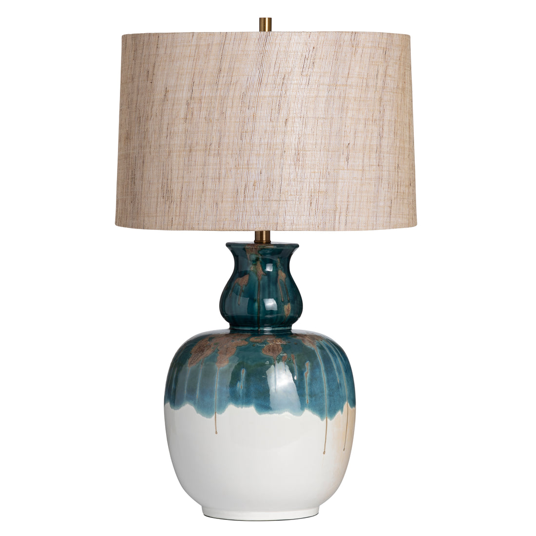earth-toned fabric table lamp in a modern bedroom setting