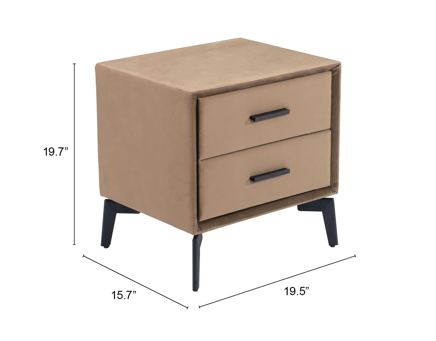 Beige nightstand with two drawers and dimensions labeled on a white background