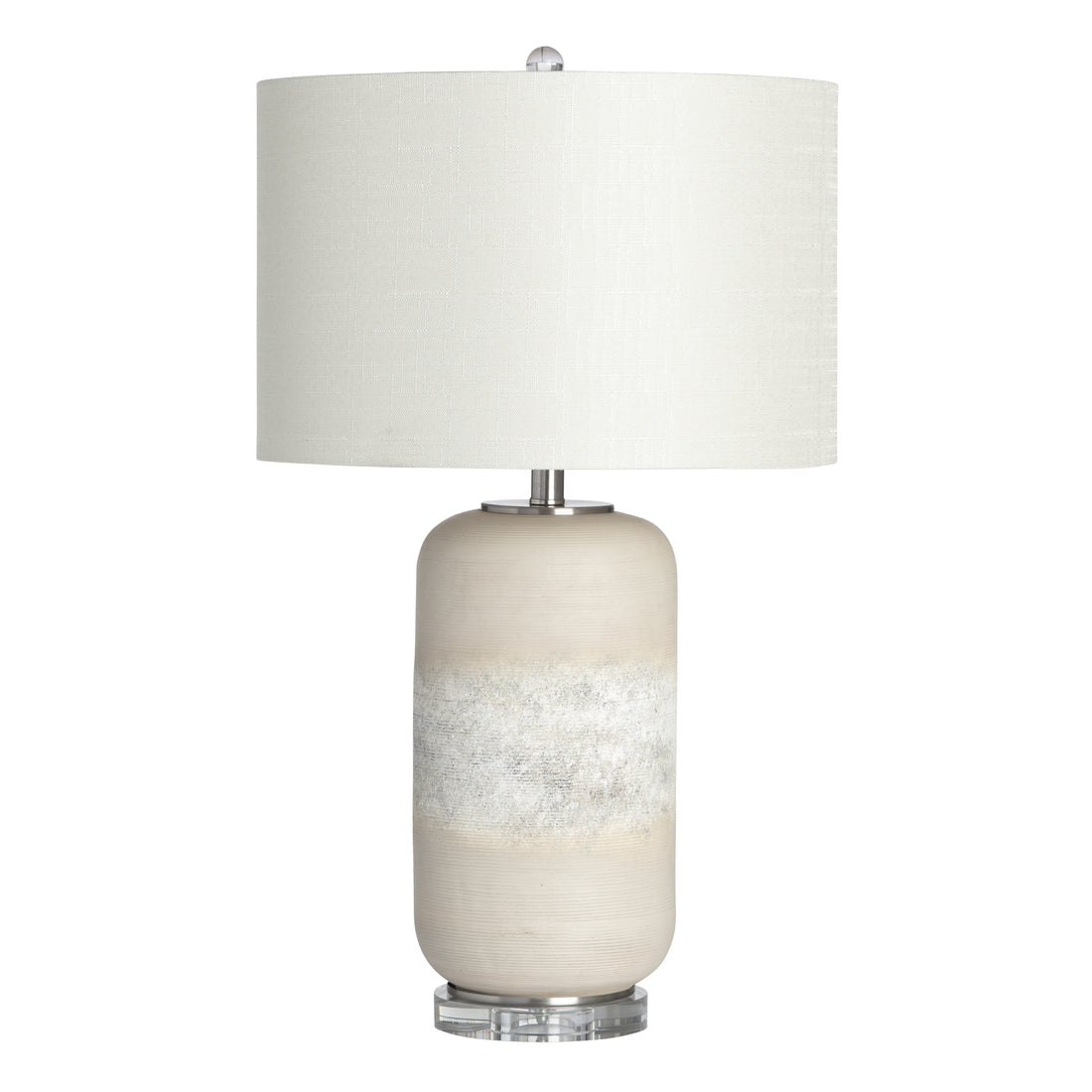 gray canvas table lamp in a transitional living room setting
