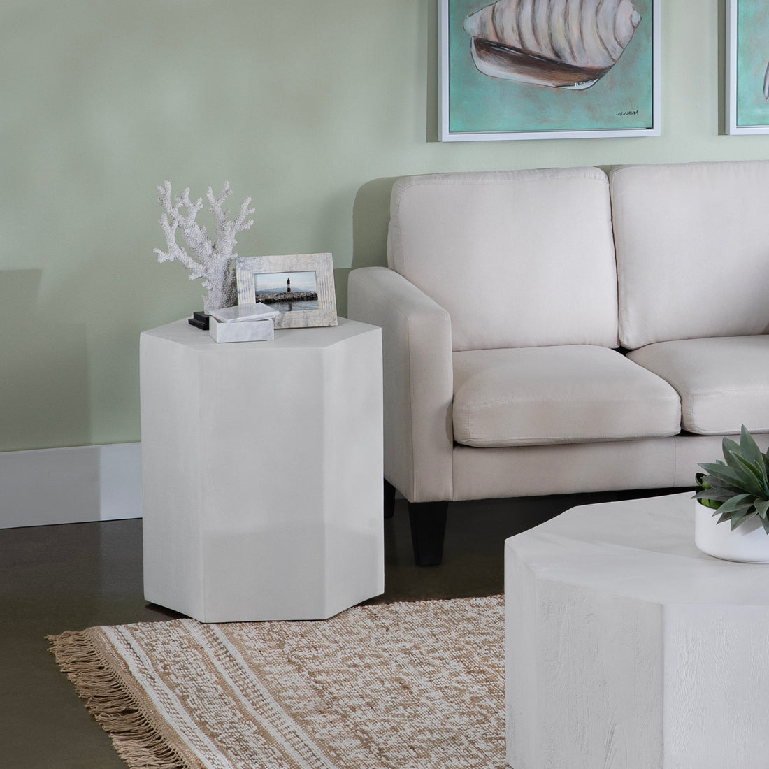 neutral-toned linen accent table in a modern bedroom setting