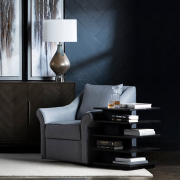 natural velvet accent table in a refined master bedroom setting