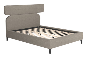 cream brushed metal bed frame styled in a contemporary minimalist entryway