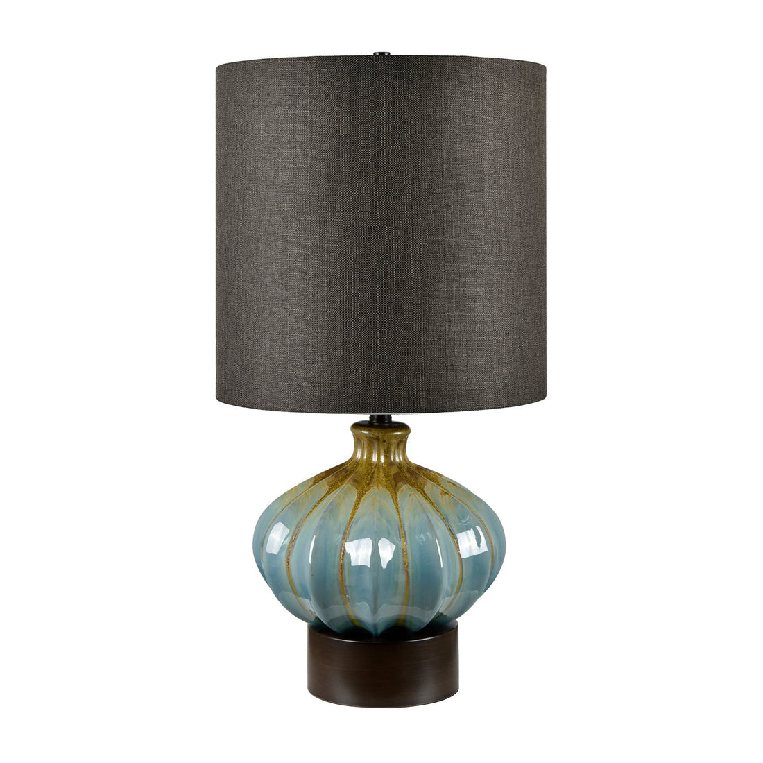 gray canvas table lamp in a farmhouse contemporary bedroom setting