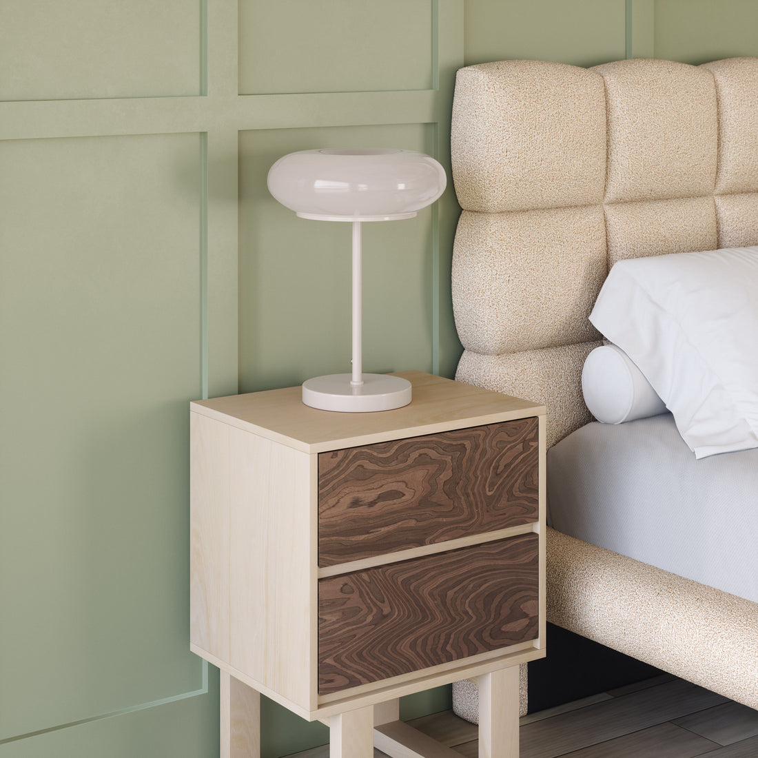 cream woven table lamp in a modern bedroom setting
