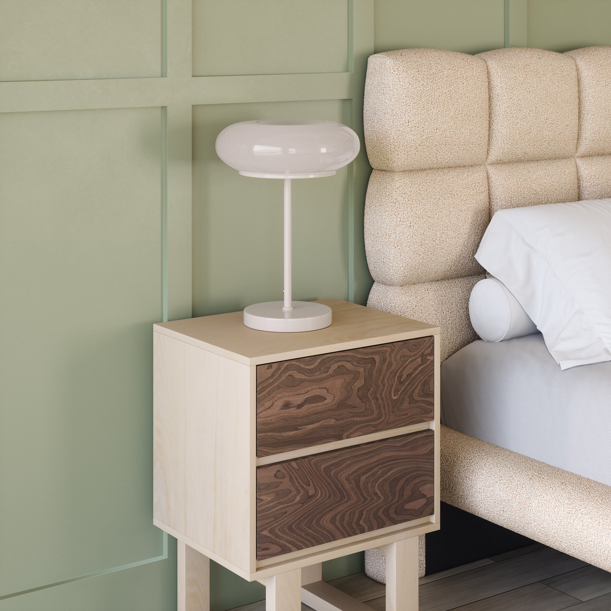 cream woven table lamp in a modern bedroom setting