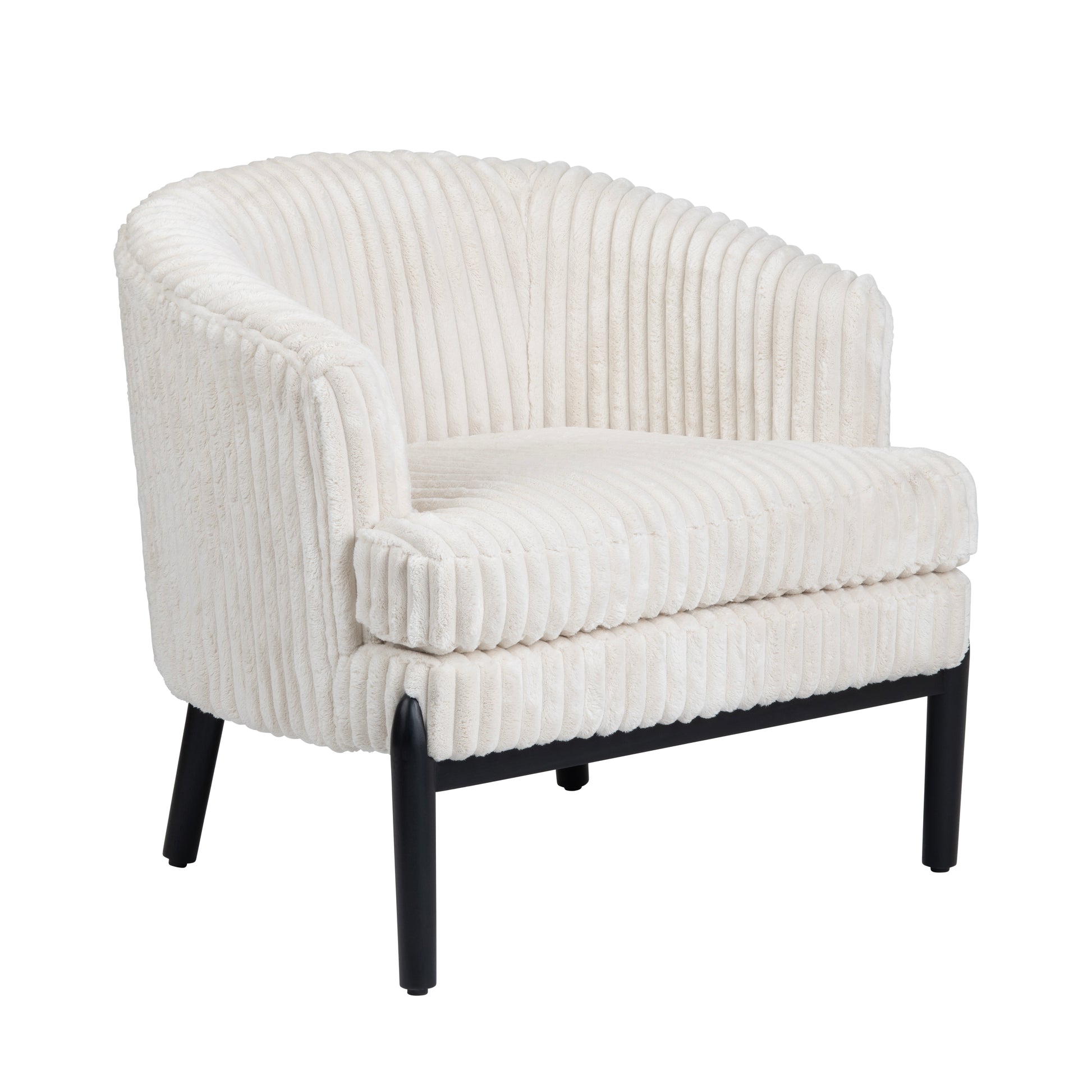 earth-toned fabric accent chair in a farmhouse contemporary bedroom setting