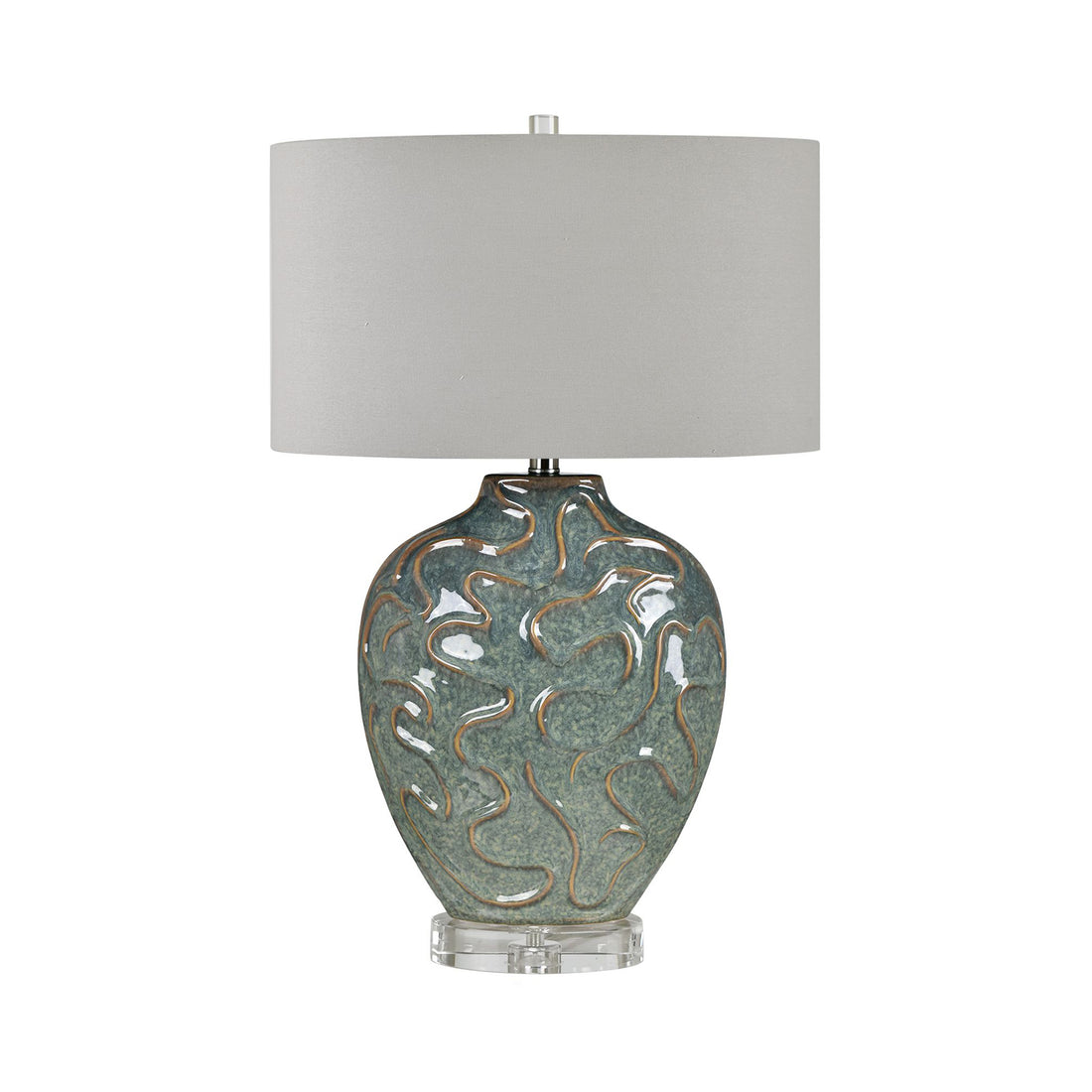 warm-toned soft table lamp in a transitional living room setting