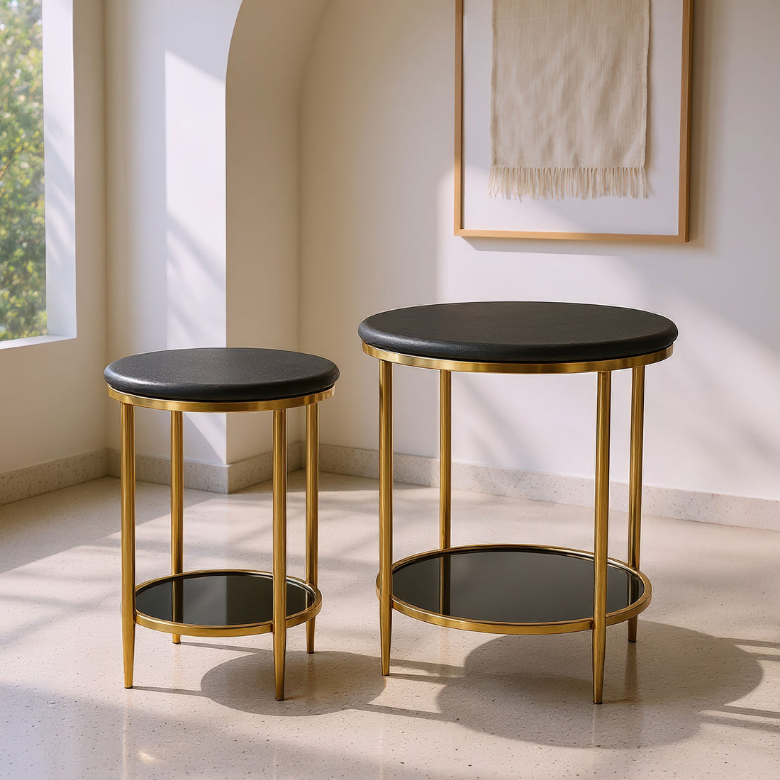 warm-toned soft accent table in a transitional living room setting