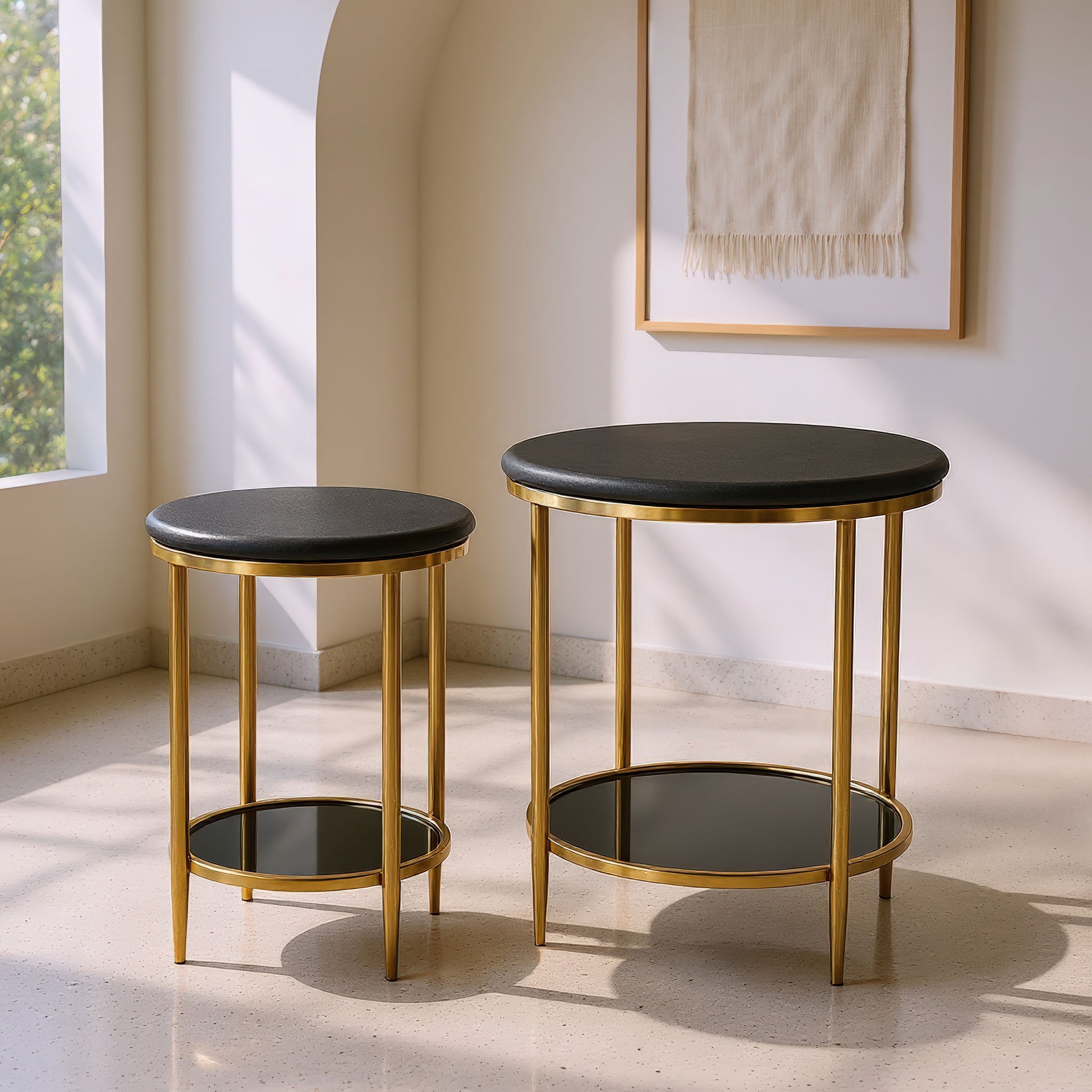 warm-toned soft accent table in a transitional living room setting