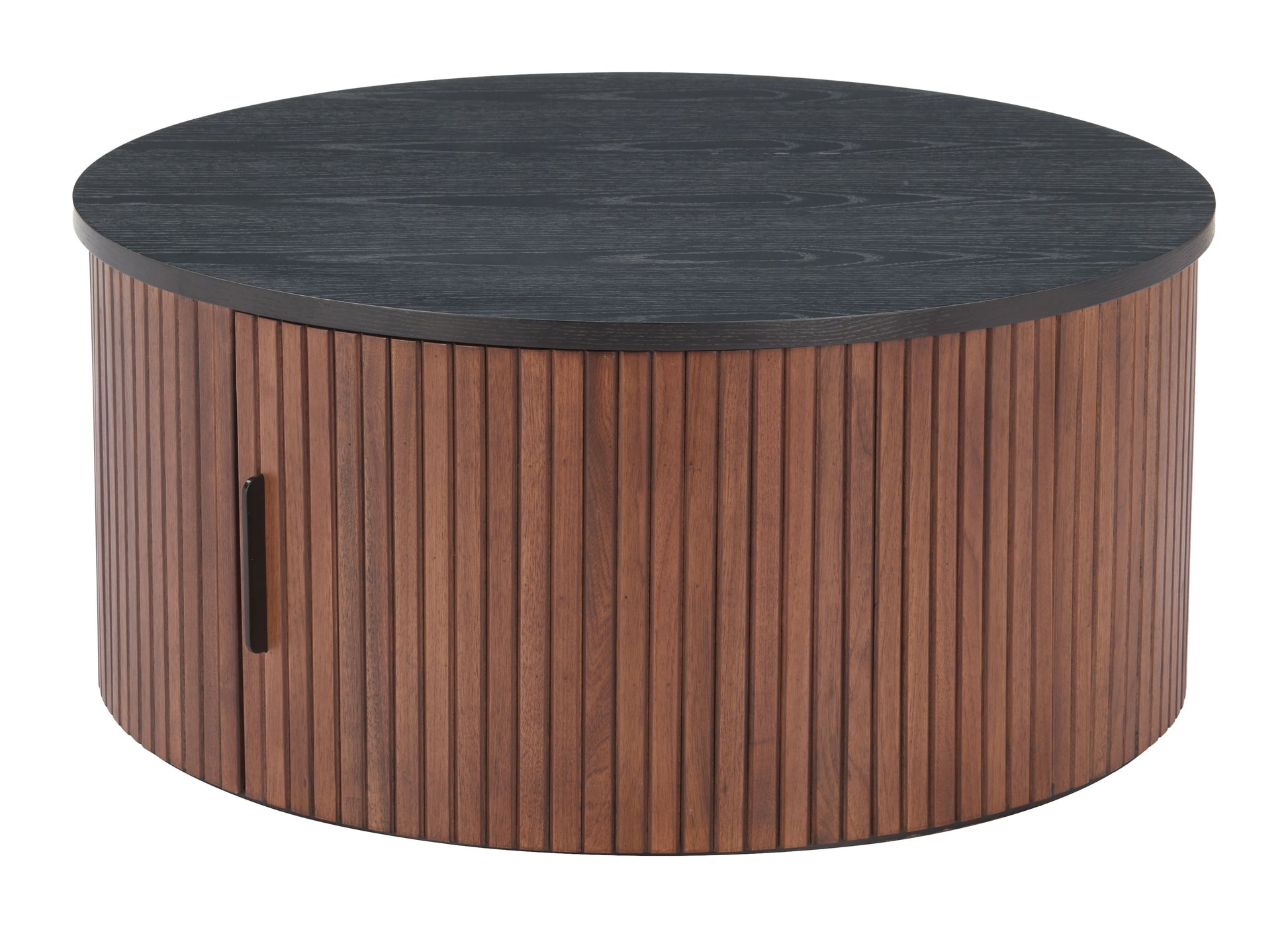charcoal brushed metal coffee table styled in a mid-century minimalist entryway