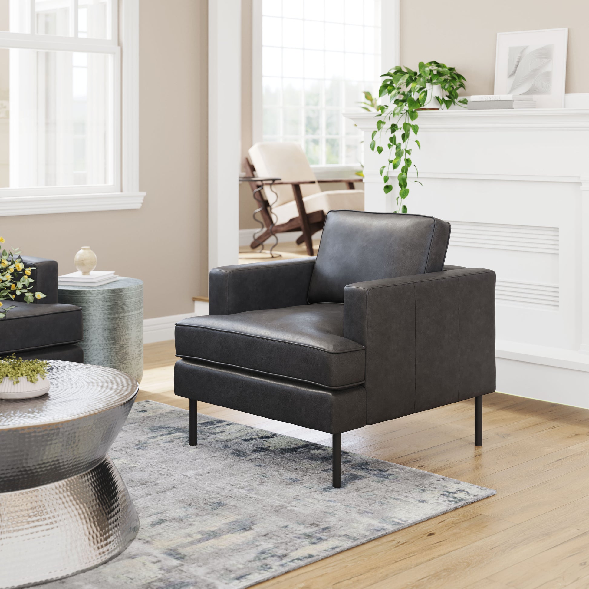 beige plush accent chair in a transitional living room setting