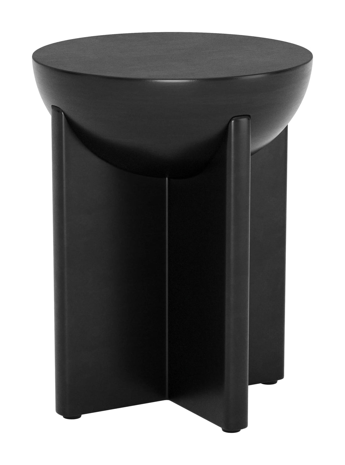 Black side table with a decorative object in a living room setting