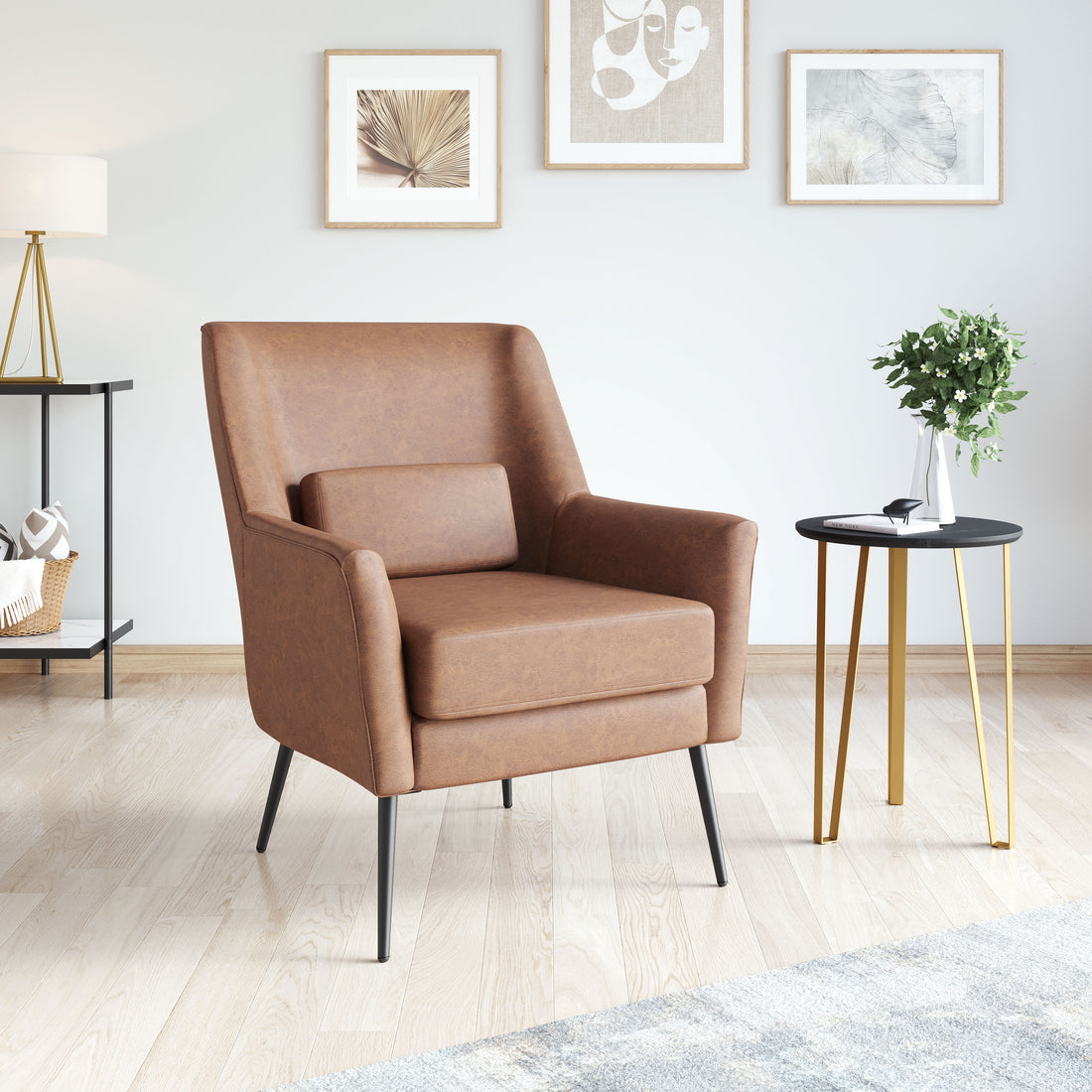 beige plush accent chair in a classic entryway setting