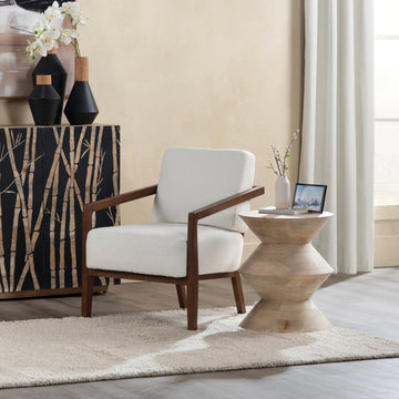 natural velvet accent table in a transitional living room setting