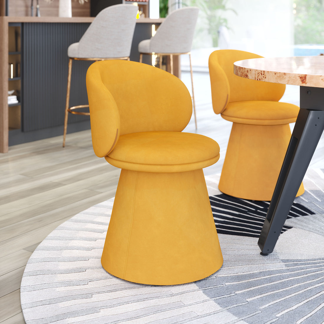 Oblic Swivel Dining Chair Orange styled for a transitional living room space.