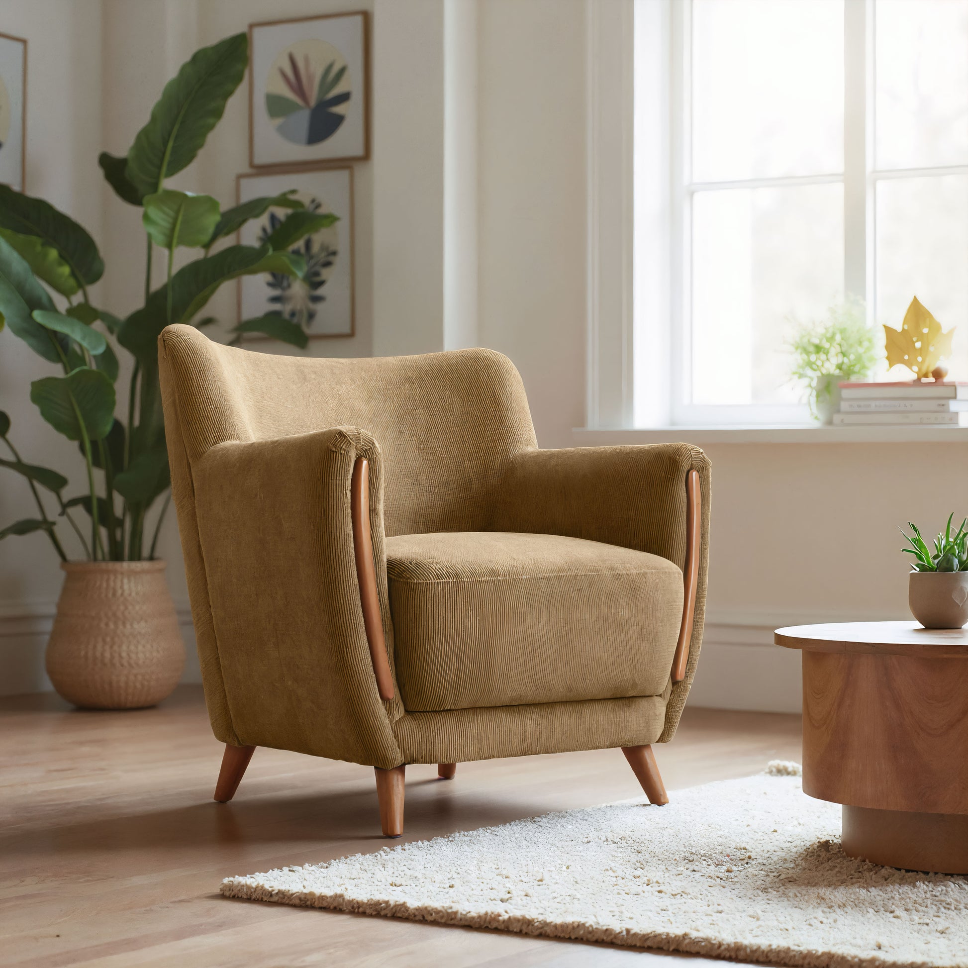 Hako Accent Chair Olive Green styled for a transitional living room space.