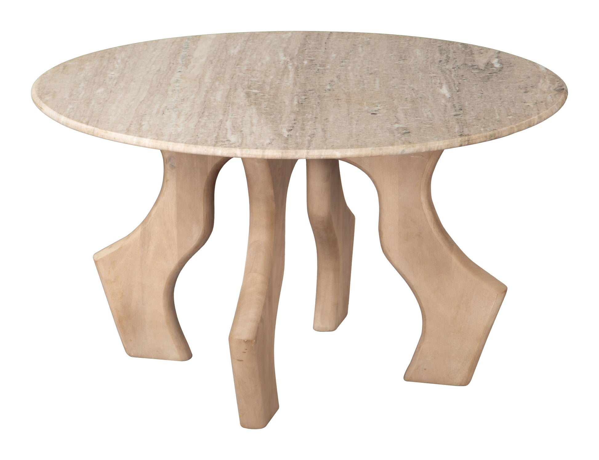 earth-toned marble coffee table styled in a transitional serene master suite