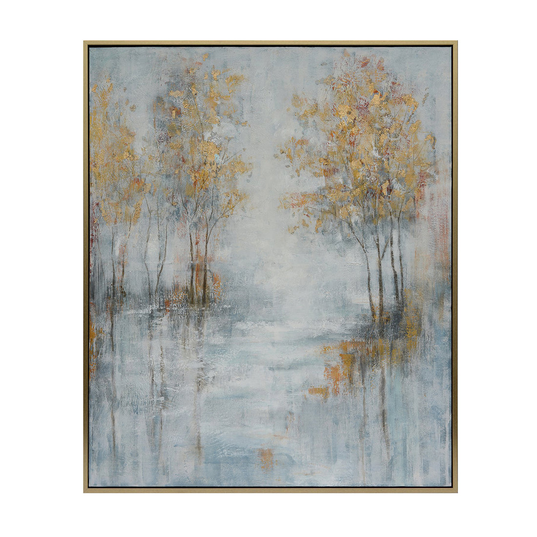 Framed Hand Painted Canvas Blue/Gold Landscapes Wall Art styled for a transitional living room space.