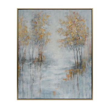 Framed Hand Painted Canvas Blue/Gold Landscapes Wall Art styled for a transitional living room space.