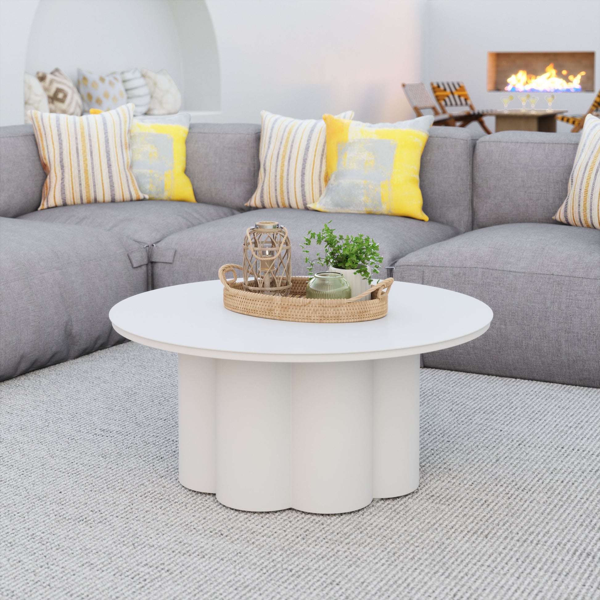 beige plush accent table in a elegant modern bedroom setting