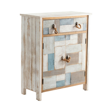 earth-toned fabric storage cabinet in a modern bedroom setting